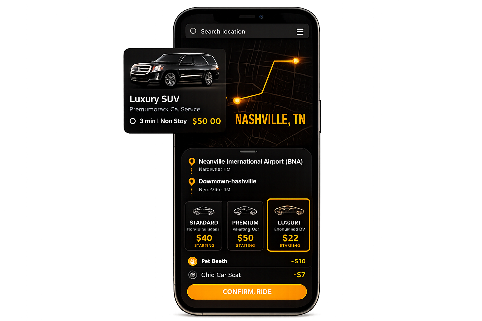 Luxury ride options on Nashville map
